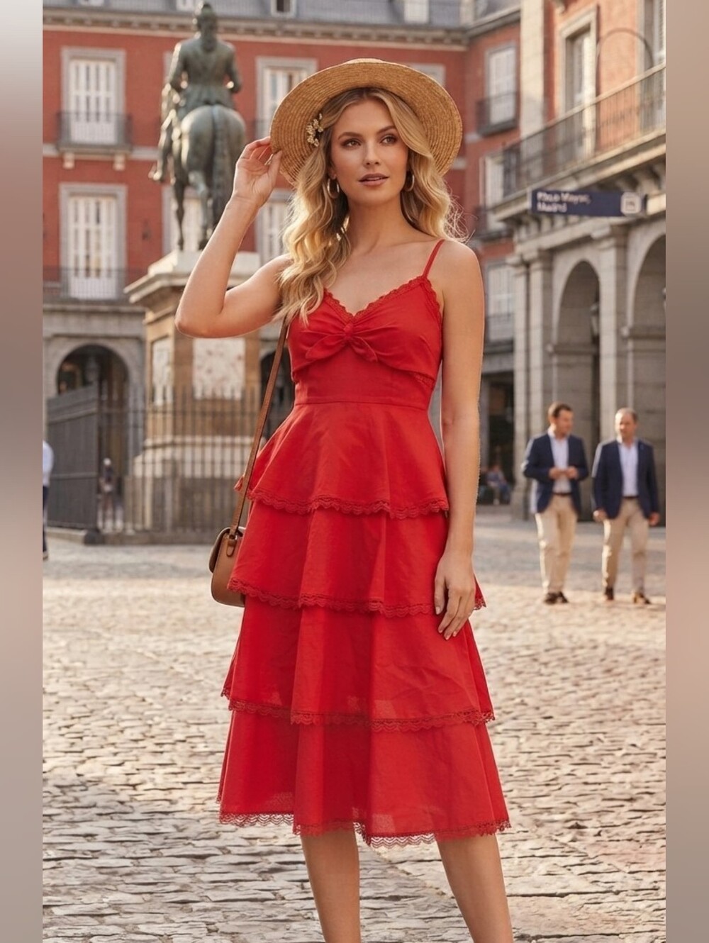 Marchesa Notte Red Lace-Trim Spaghetti Strap Dress 4